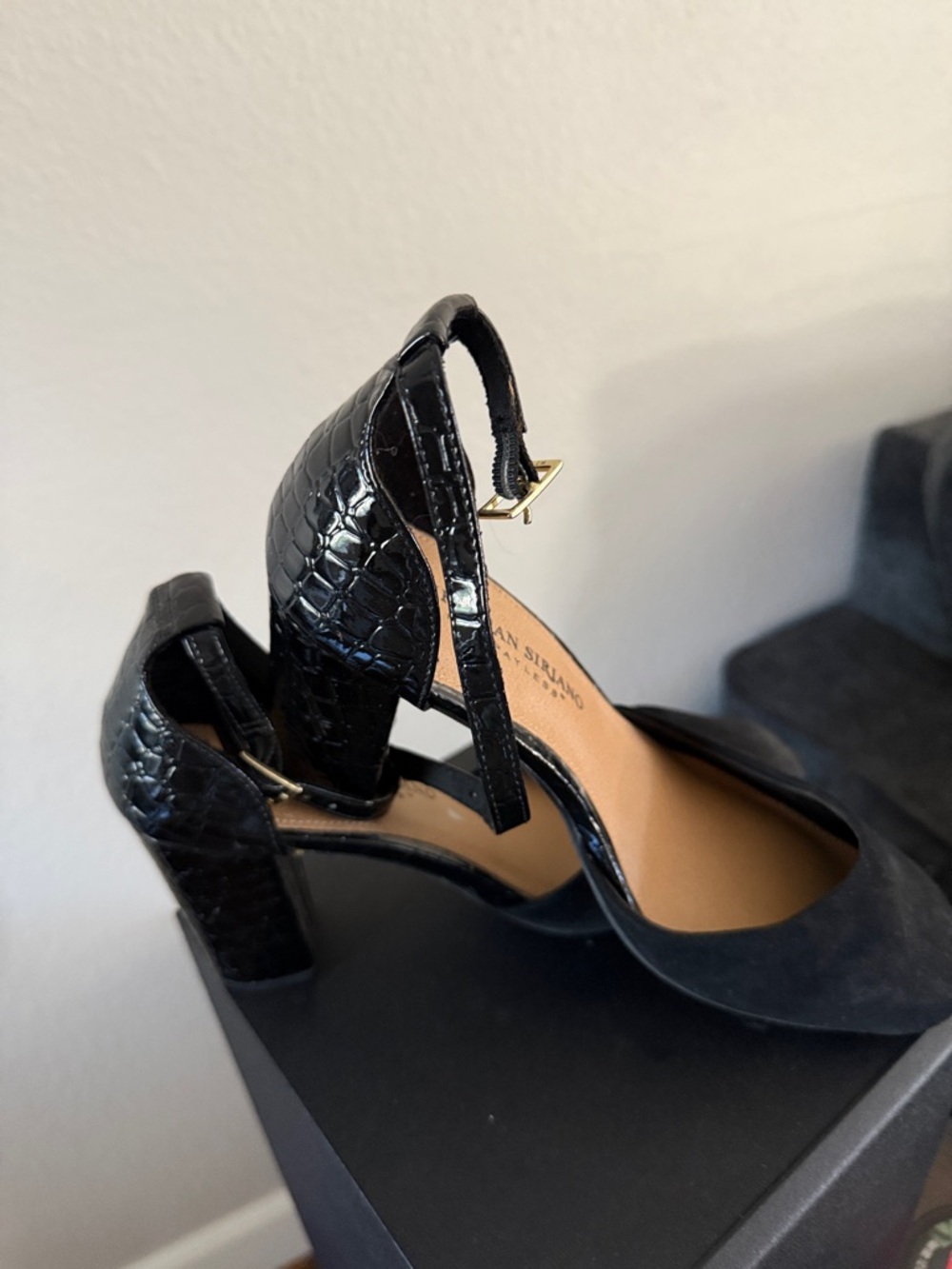 Christian Siriano Black Croc-Embossed Ankle Strap Block Heels